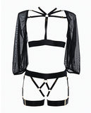 Adore Ibiza Babe Strappy Open Front Bodice w/Mesh Sleeves & Open Gartered Panty Black O/S