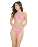 Play Darque Elastic Bra, Pasties, & Crotchless Panty Neon Pink O/S