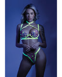 Glow Black Light Embroidered Harness Bra, Leg Garterbelt & G-String Neon Chartreuse M/L