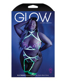 Glow Black Light Embroidered Harness Bra, Leg Garterbelt & G-String Neon Chartreuse QN