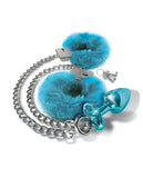 Nixie Metal Butt Plug w/Inlaid Jewel & Fur Cuff Set - Blue Metallic