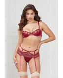 Stretch Satin & Lace Balconette Cup & Garter Panty Wine LG