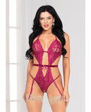 Floral Lace, Open Crotch Teddy w/Removable Garters Wine O/S